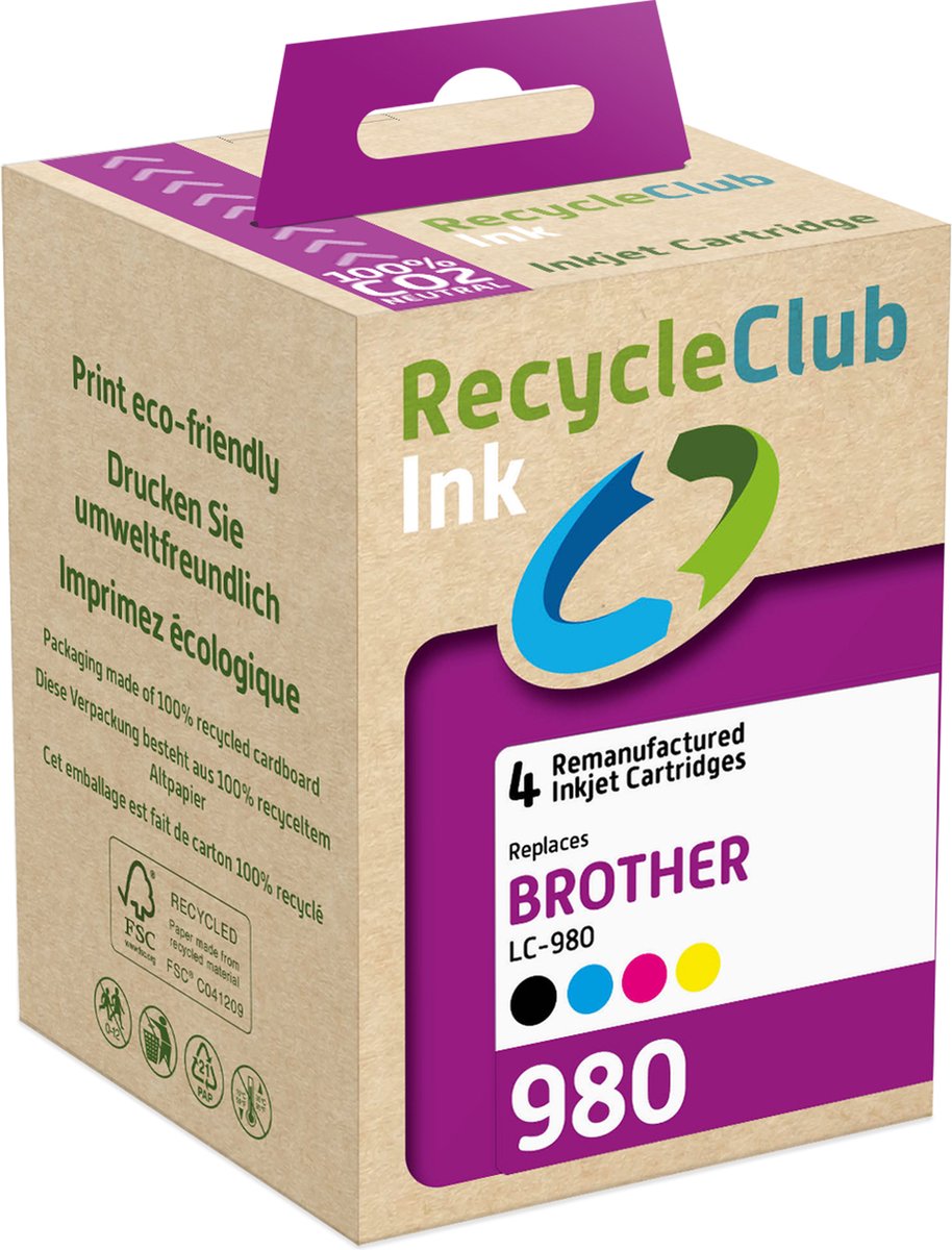 RecycleClub inktcartridge - Inktpatroon - Geschikt voor Brother - Alternatief voor Brother LC-123 Zwart 12.5ml Cyan Blauw 10ml Magenta Rood 10ml Yellow Geel 10ml - Multipack - 4-pack