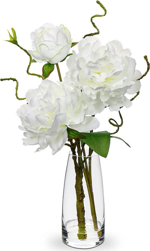 38 cm kunstbloemen zijde met glazen vaas, witte kunstpioenroos zijde namaakbloemen, plastic bloemen in vaas, realistische bloemen in pot voor woonkamer, kantoor, decoratie, tafel, keuken