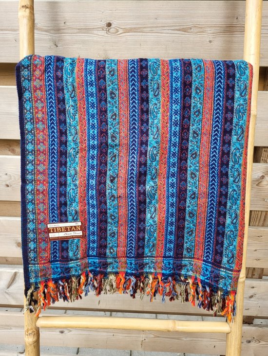 Nepal Omslagdoek Yoga Plaid Sjaal Yak Wol (200 x 100 cm) Rood/Blauw/Creme