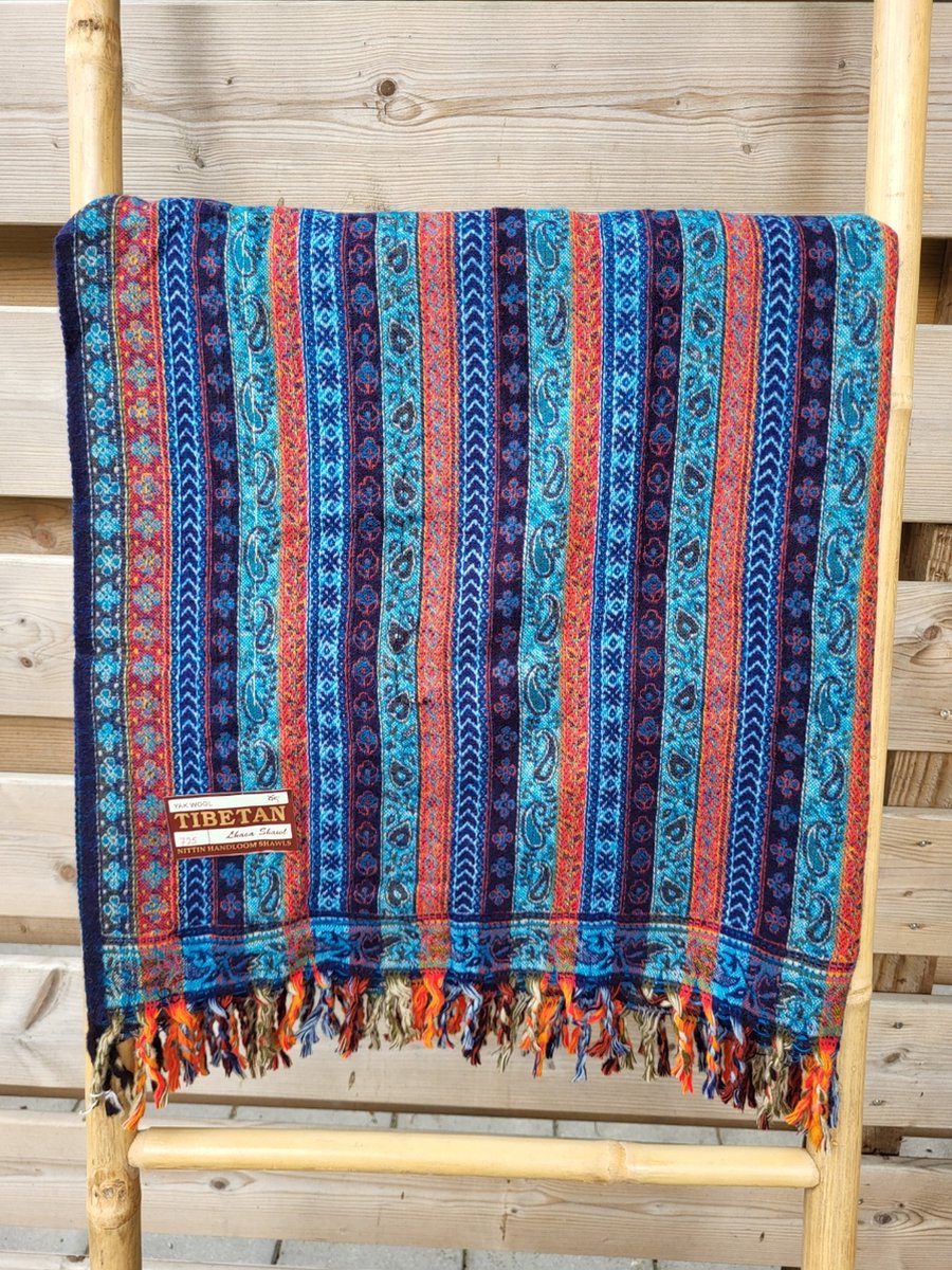Nepal Omslagdoek Yoga Plaid Sjaal Yak Wol (200 x 100 cm) Rood/Blauw/Creme