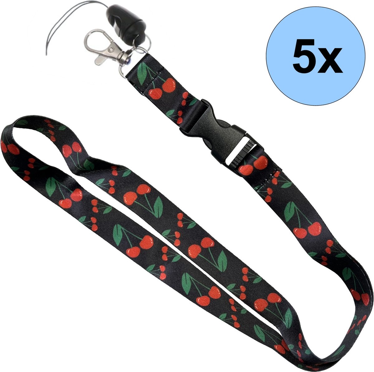 5 Keycords Kersen Print - Keycord - Lanyard - Sleutelkoord - Badgehouder - 51cm - 20mm - Kersen - 5 Stuks