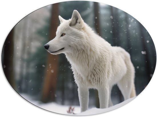 Dibond Ovaal - Witte Wolf in Besneeuwd Landschap met Kale Bomen - 80x60 cm Foto op Ovaal (Met Ophangsysteem)