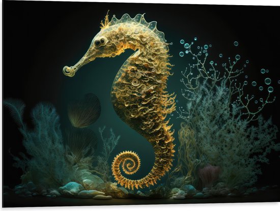 Dibond - Zeepaardje tussen de Planten in het Zeewater - 80x60 cm Foto op Aluminium (Wanddecoratie van metaal)
