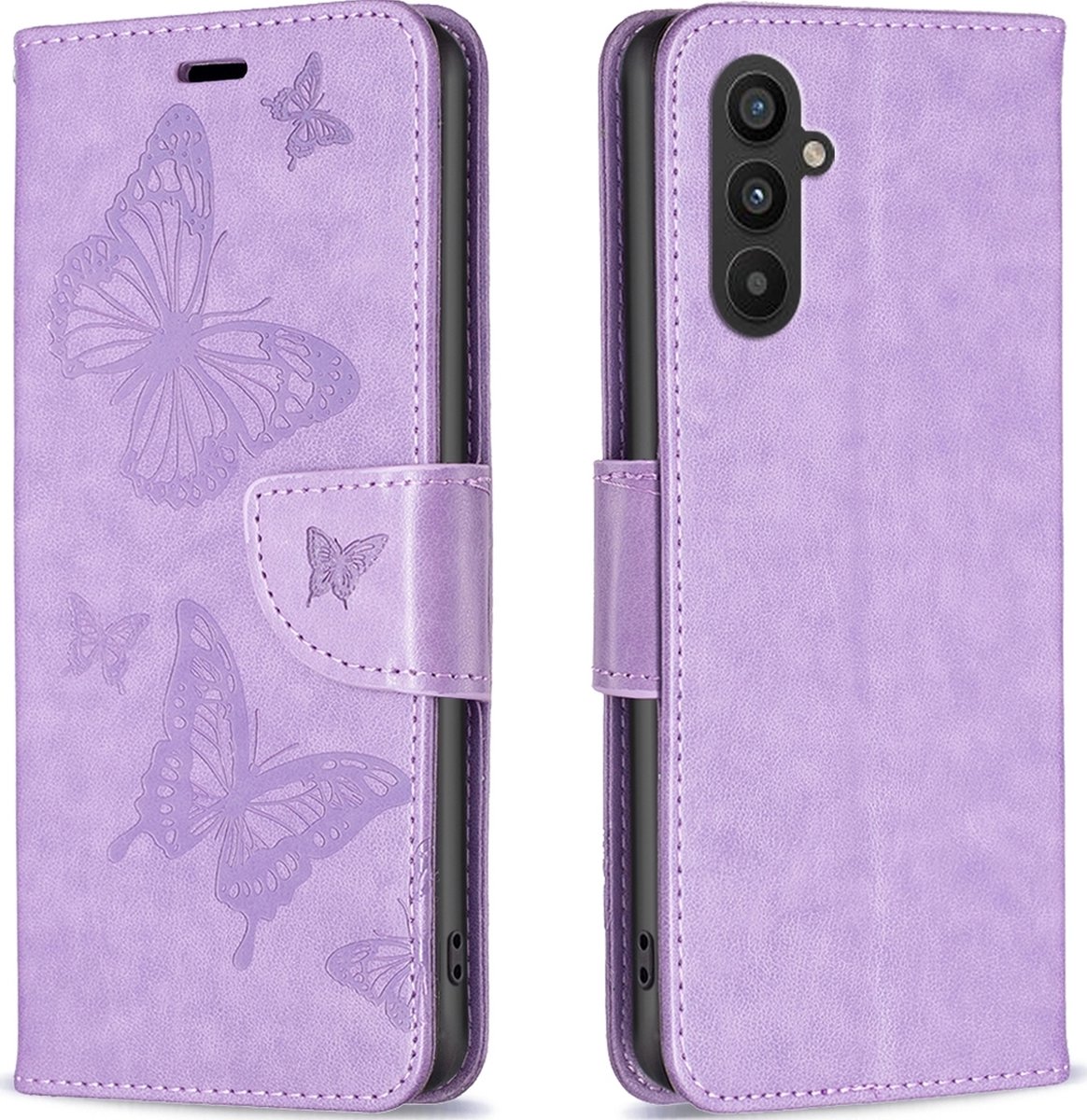 Mobigear Telefoonhoesje geschikt voor Samsung Galaxy A24 Hoesje | Mobigear Butterfly Bookcase Portemonnee | Pasjeshouder voor 3 Pasjes | Telefoonhoesje voor Pinpas / OV Kaart / Rijbewijs - Paars