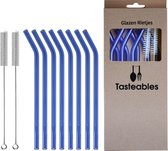 Glazen Rietjes Gebogen - Cocktail Rietjes - Tasteables - Set van 8 - Duurzaam - Herbruikbaar - Reinigingsborstel - 200mm lengte - Blauw