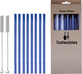 Glazen Rietjes Recht - Cocktail Rietjes - Tasteables - Set van 8 - Duurzaam - Herbruikbaar - Reinigingsborstel - 200mm lengte - Blauw