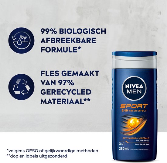 NIVEA MEN SPORT douchegel: 99% biologisch afbreekbare formule, fles van 97% gerecycled materiaal.