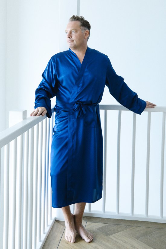 Kimono heren satijn - ochtendjas - nachtkleding - blauw - maat XXL - middellang model