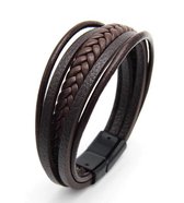 Sorprese armband - Luxury - armband heren - leer - bruin - 5 snoeren - zwarte sluiting - cadeau - Model J