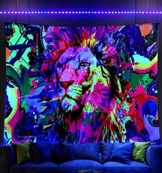 Ulticool - Leeuw Lion Roofdier Afrika - Glow in the Dark Tapestry Decoratie Magic - Psychedelisch - Blacklight Party Wandkleed Achtergronddoek - 200x150 cm - Backdrop UV Lamp Reactive - Groot wandtapijt - Poster - Fluoriserende Neon Verlichting
