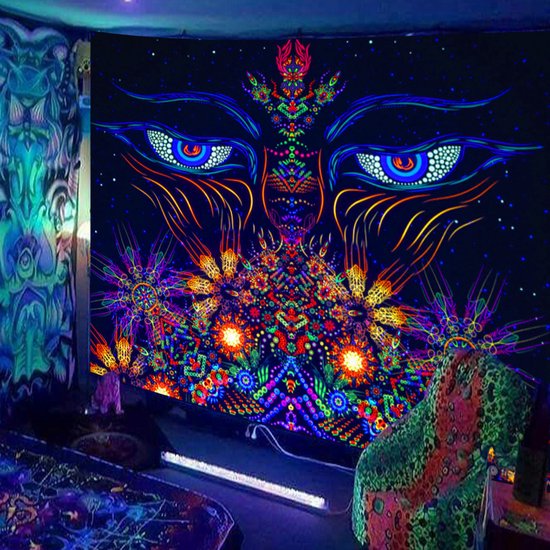 Ulticool - Ogen Bloemen Meditatie - Glow in the Dark Tapestry Decoratie Magic - Psychedelisch - Blacklight Party Wandkleed Achtergronddoek - 200x150 cm - Backdrop UV Lamp Reactive - Groot wandtapijt - Poster - Neon Fluor Verlichting