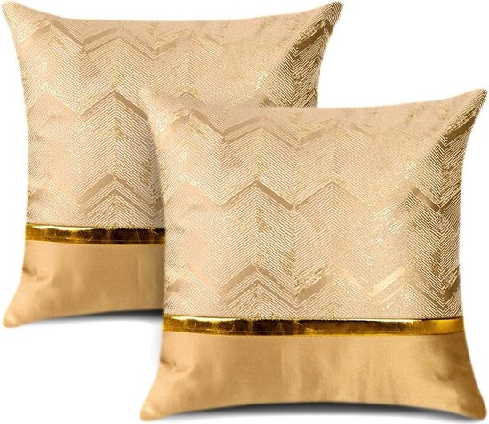 Set van 2 kussenslopen voor bed-, bank- en autodecoratie. Luxe moderne minimalistische gouden lederen stiksels met golvende strepen. Vierkante kussensloop, slopen voor decoratiekussens 45 x 45 cm (goudkleurig)