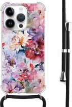 Casevibes - Telefoonhoesje met koord - Geschikt voor Apple iPhone 14 Pro - Bloemen Acryl - Roze - Bloemen