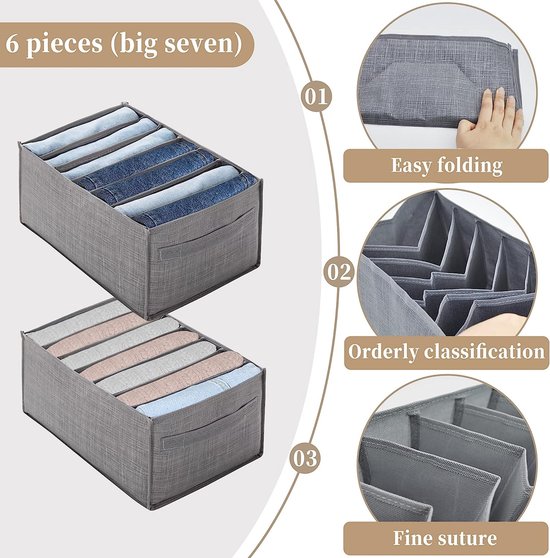 SAMSYOKI 4 stuks kledingorganizer, 7 rasters, opvouwbare laden, kledingkast, opbergsysteem, mesh, kledingopslag, organizer, doos voor kleding, T-shirt, leggings, jeans, broek, T-shirt, (grijs