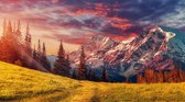 Fotobehang Awesome Alpine Highlands In Sunny Day. Scenic Image Of Fairy-Tale Landscape With Colorful Sky Under Sunlit, Over The Majestic Rock Mountains. Wild Area. Megical Natural Background. Creative Image - Vliesbehang - 315 x 210 cm
