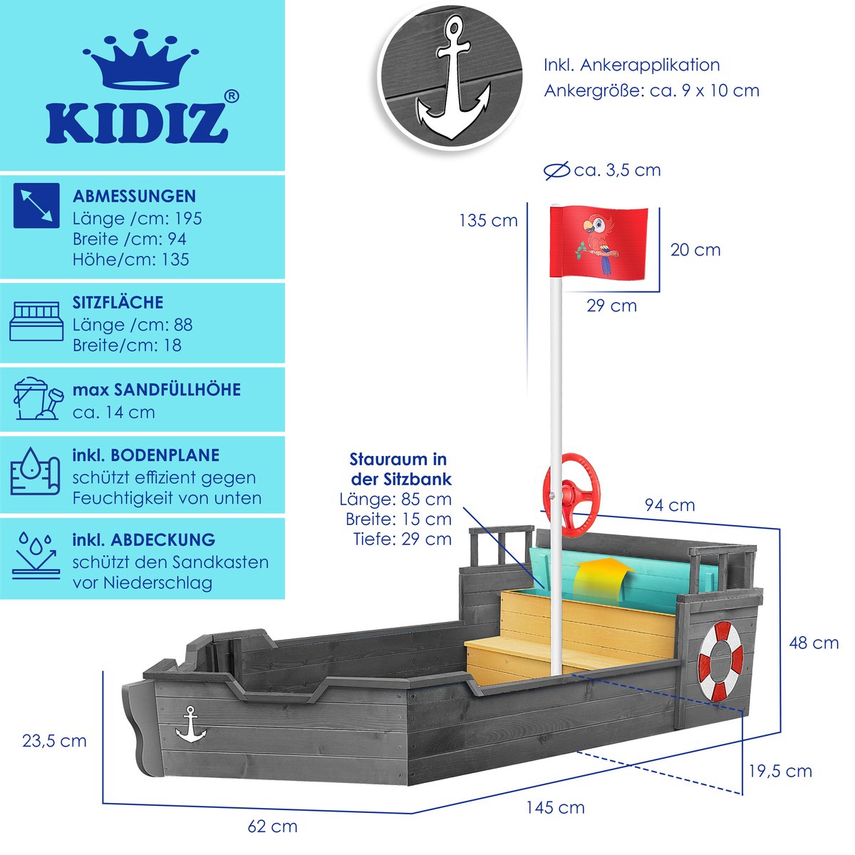 KIDIZ Bac à Sable AHOI - Pirate - Bateau à Voile en Bois - avec
