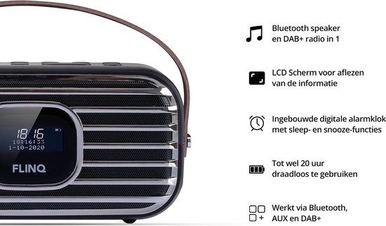 FlinQ DAB Radio - Retro Radio - DAB+/ FM Radio - Ruisvrij - Bluetooth - Draadloos - Oplaadbaar - Zwart