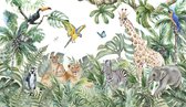 Fotobehang Children's Wallpaper, Watercolor Jungle And Animals. Lions, Giraffe, Elephant, Parrots, Zebra, Lemur - Vliesbehang - 208 x 146 cm