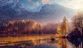 Fotobehang Awesome Nature Scenery. Beautiful Landscape With High Mountains With Illuminated Peaks, Stones In Mountain Lake, Reflection, Blue Sky And Yellow Sunlight In Sunrise. Amazing Nature Background. - Vliesbehang - 254 x 184 cm