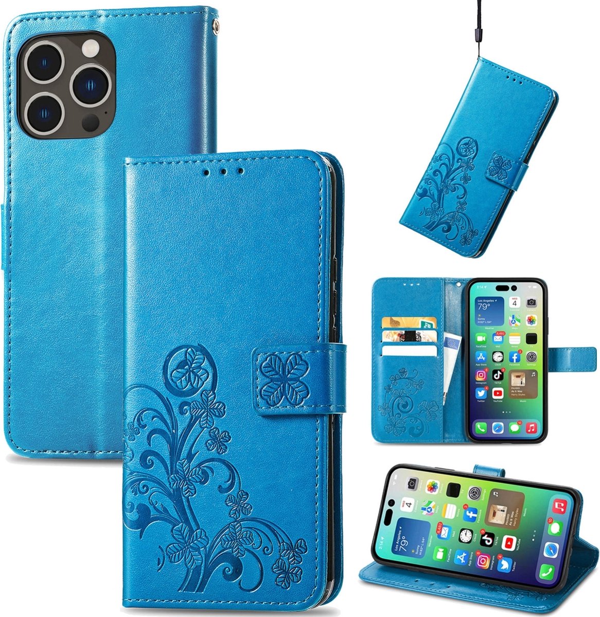 Mobigear Telefoonhoesje geschikt voor Apple iPhone 15 Pro Max Hoesje | Mobigear Clover Bookcase Portemonnee | Pasjeshouder voor 3 Pasjes | Telefoonhoesje voor Pinpas / OV Kaart / Rijbewijs - Blauw
