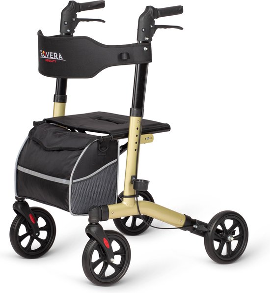Champagnekleurige rollator met zwarte zitting en tas, driewielig