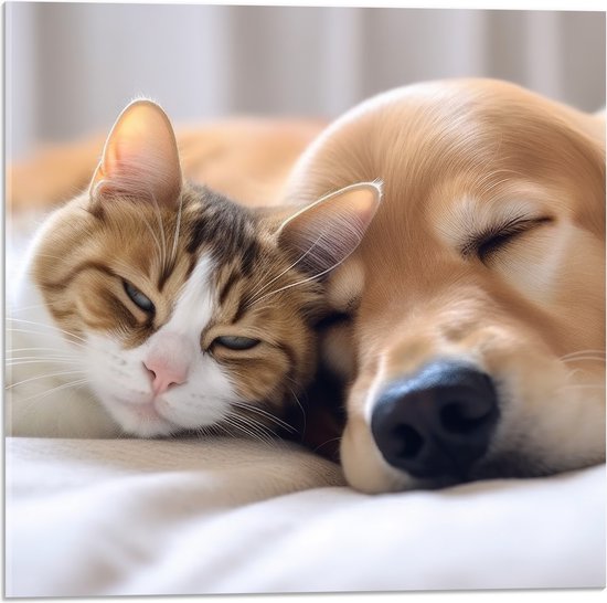 Acrylglas - Hond en kat liggen tegen elkaar aan te slapen - 50x50 cm Foto op Acrylglas (Met Ophangsysteem)