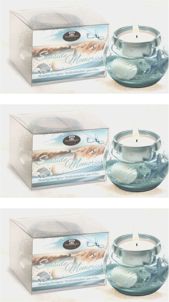 Set van 3 theelichthouders - Seaside Memories - handmade - zand / zee - lichtblauw