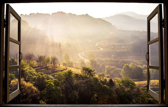 Foto: Fotobehang landscape nature view background view from window at a wonderful landscape nature view with rice terraces and space for your text in chiangmai thailand indochina vliesbehang 416 x 290 cm