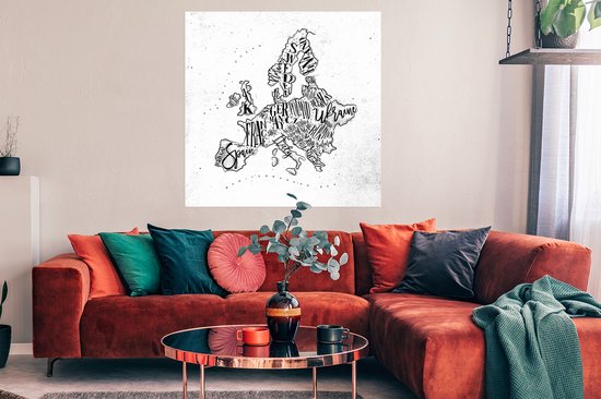 Poster Carte - Europe - Zwart - Wit - 100x100 cm XXL