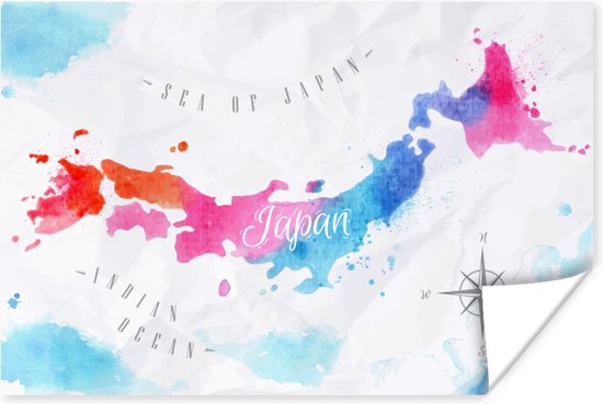 Poster Kaart - Kleur - Japan - 30x20 cm