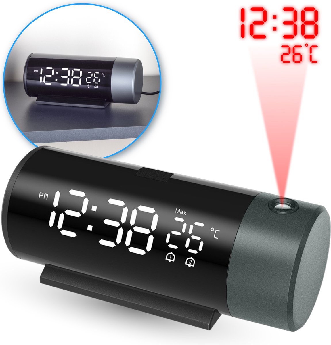 Nuvance - Digitale Wekker met Projectie - Digitale Klok Slaapkamer - met Snooze Functie en Dubbel Alarm - Wekkers Digitaal – Alarmklok