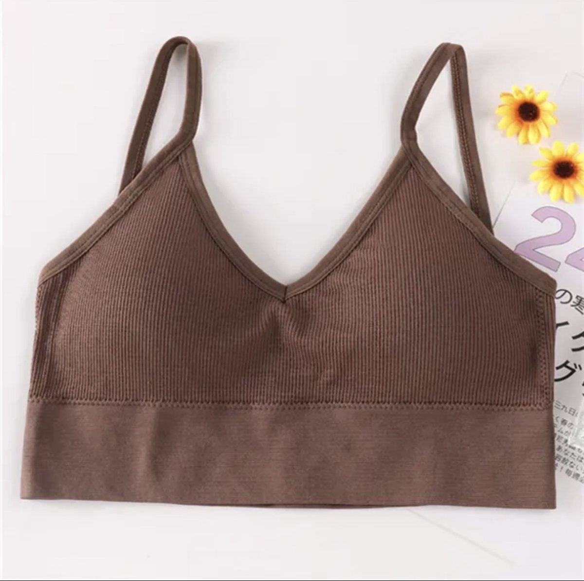 Bralette top set - 3 stuks - RIBBED - Donkerbruin - OneSize - BH - Ondergoed