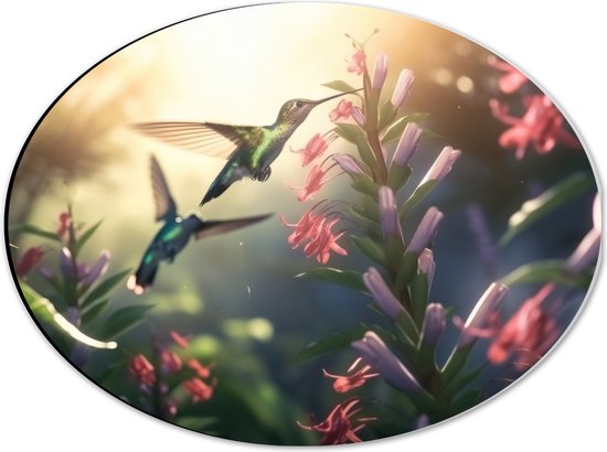 Dibond Ovaal - Kolibries Vliegend bij Roze Plantgjes - 40x30 cm Foto op Ovaal (Met Ophangsysteem)