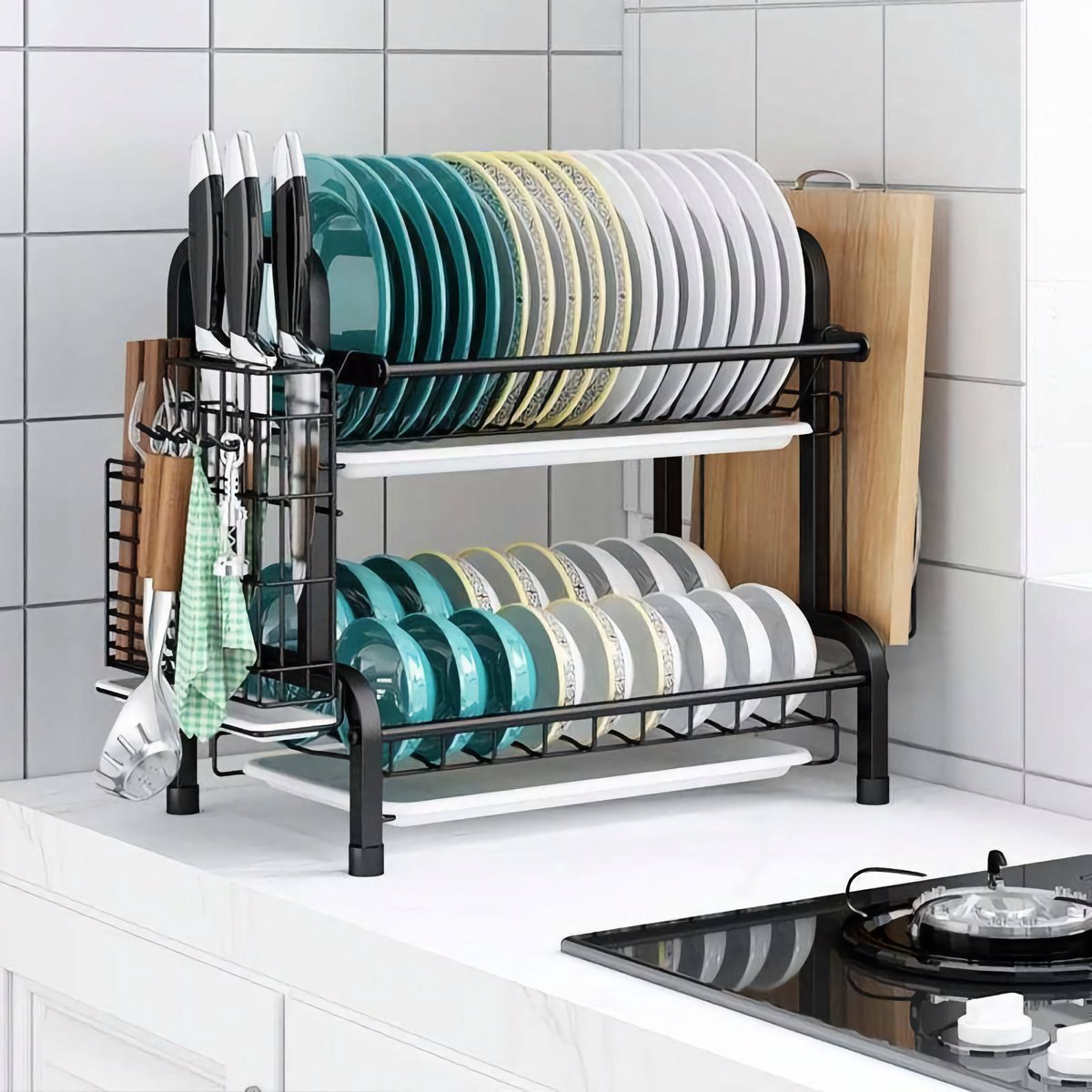JOUING Afdruiprek met Lekbak Dish Drying Rack Afwasdroogrek Metalen Dish Drainer met vorkhouder,Bekerhouder Afdruiprek voor Keuken (Wit, Groot