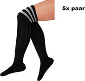 5x Paar Lange sokken zwart met witte strepen - maat 36-41 - Lieskousen - kniekousen overknee kousen sportsokken cheerleader carnaval voetbal hockey unisex festival