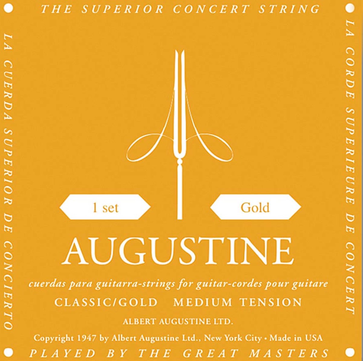 Augustine AU-CLGO Gold snaren set classic, regular tension trebles & light tension basses (brass plated)