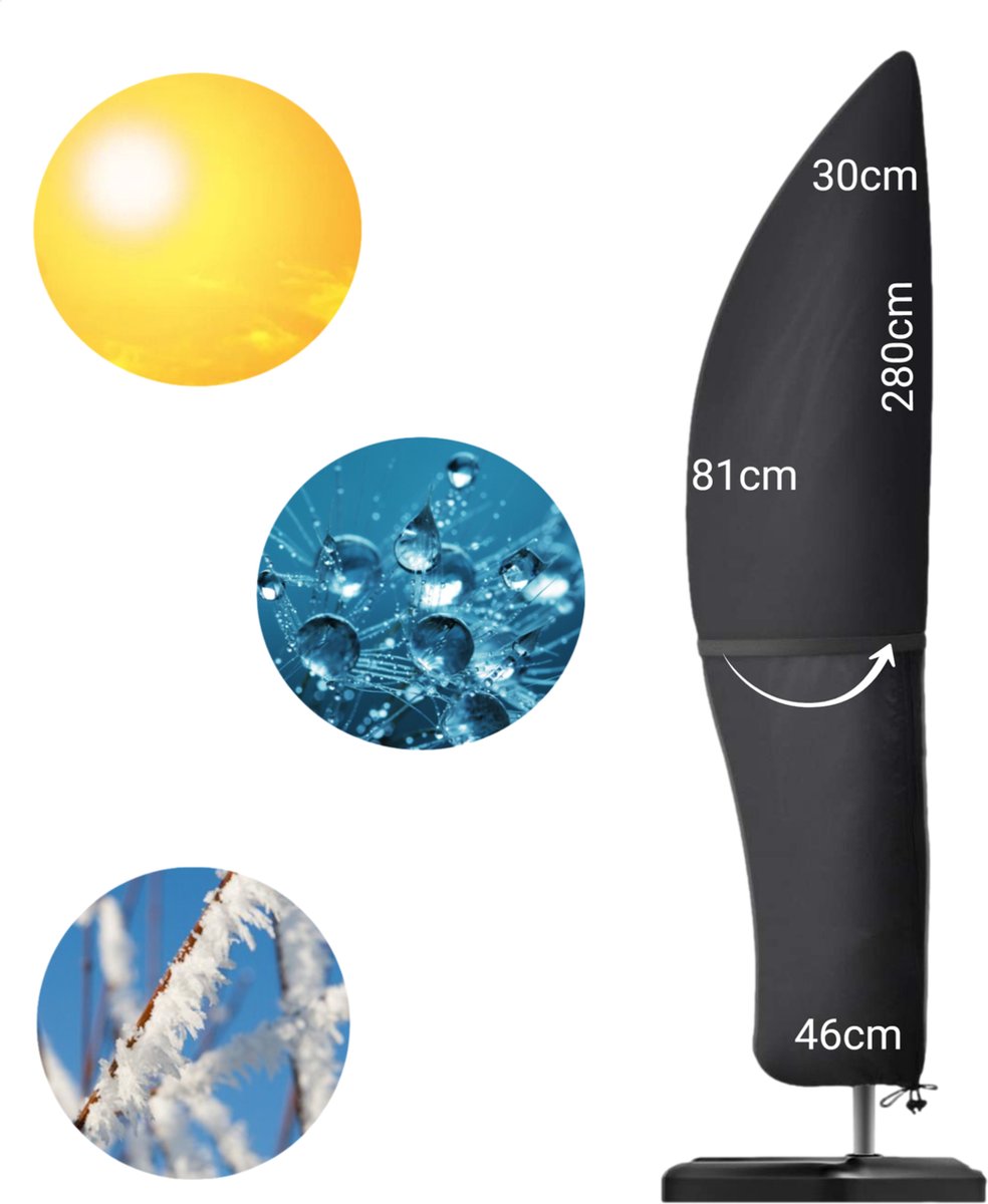 LOVV Parasolhoes voor zweefparasol van 275- 400 cm-met Rits, Stok en Stormband-280x81cm-Waterdicht-Zwart-420D