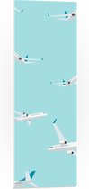 PVC Schuimplaat - Patroon van Wit met Blauwe Vliegtuigen op Lichtblauwe Achtergrond - 30x90 cm Foto op PVC Schuimplaat (Met Ophangsysteem)