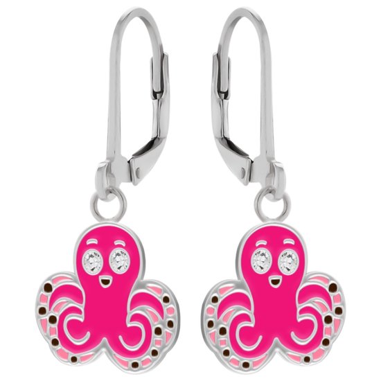 Oorbellen meisje | Zilveren kinderoorbellen | Zilveren oorhangers, roze octopus met kristalogen