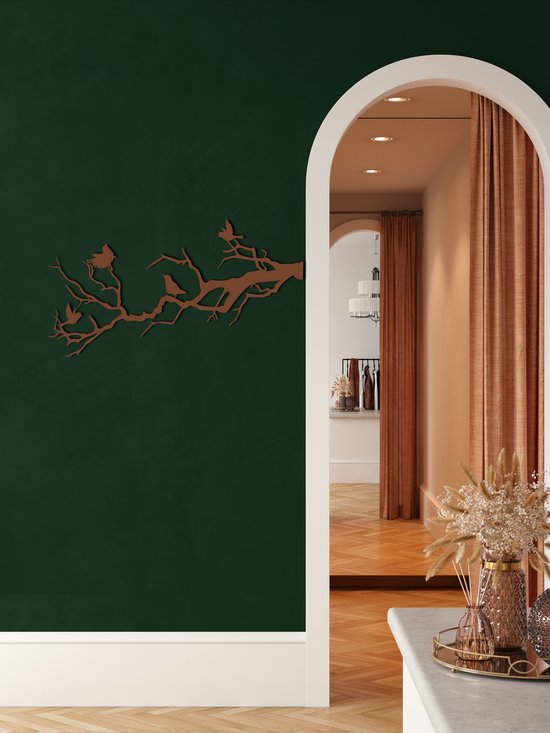 Wanddecoratie | Vogels op Tak / Birds on Branch| Metal - Wall Art | Muurdecoratie | Woonkamer | Buiten Decor |Bronze| 100x40cm