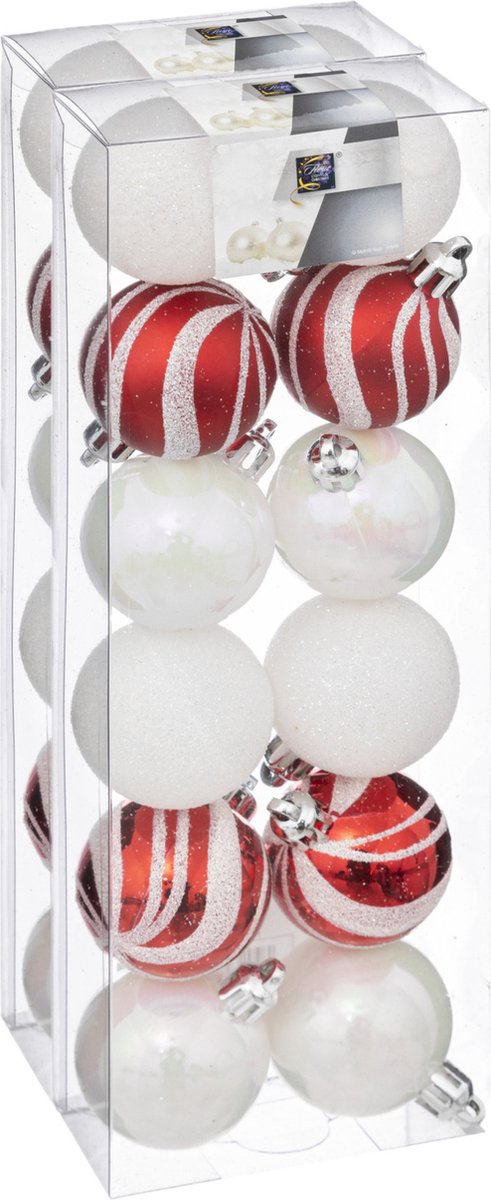 Atmosphera kerstballen 36x -parelmoer wit/rood - 4 cm - kunststof