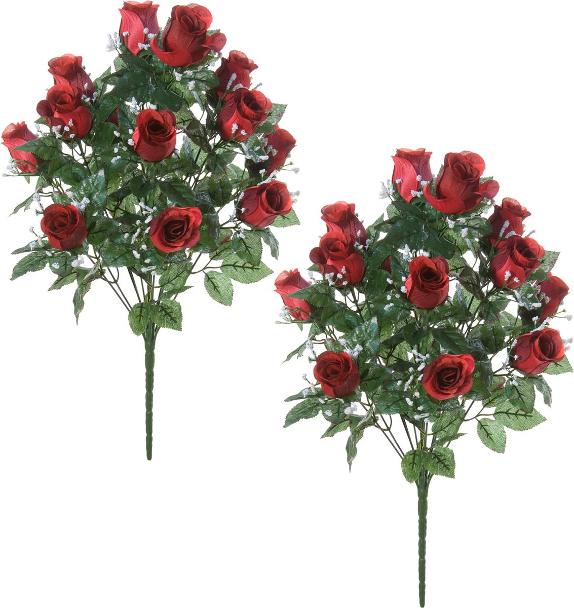 Louis Maes Kunstbloemen boeket rozen/gipskruid - 2x - rood - H56 cm - Bloemstuk - Bladgroen