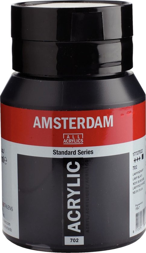 Bouteille d'acrylique Amsterdam 500ml en noir lampe 702, avec étiquette rouge et blanche.