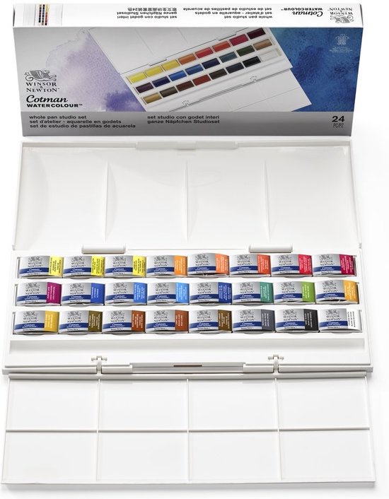 Wit doosje met 24 aquarelverf napjes van Winsor & Newton, deksel open met 2 rijen van 12 kleurnapjes.