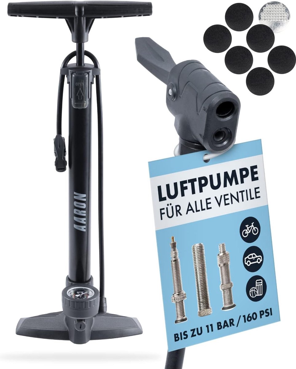 Staande fietspomp met manometer voor alle kleppen, Hogedrukfietspomp, racefiets, luchtpomp, pomp met Balbevestiging (grijs) AARON