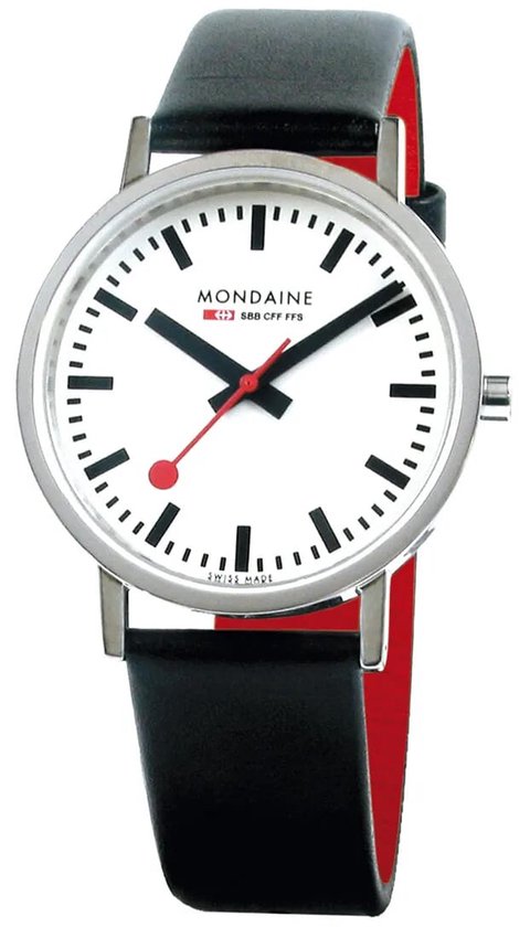 Mondaine M660.30314.16SBB Classic Unisex Horloge - Stationsklok - Mineraalglas - Roestvrijstaal/Leer - Zilver/Zwart - Ø 36 mm - Quartz - Gesp