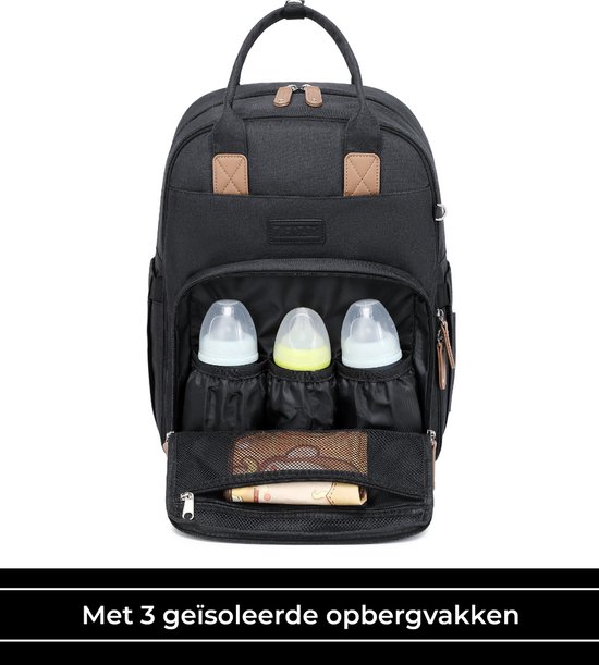 Zwarte luiertas rugzak met drie geïsoleerde opbergvakken voor flessen aan de voorkant.