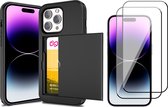 Hoesje met Pasjeshouder geschikt voor iPhone 14 Pro Max - 2x Screen Protector FullGuard - Back Cover SlideCase Zwart & Screenprotector