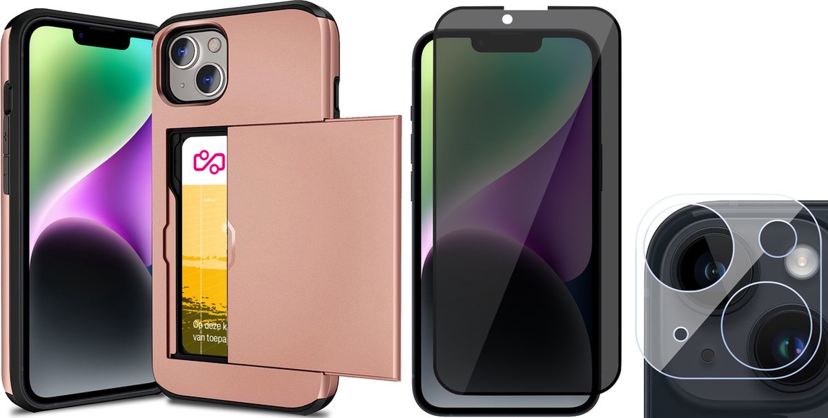 Hoesje met Pasjeshouder geschikt voor iPhone 14 Plus - Privacy Screenprotector FullGuard & Camera Lens Screen Protector - Back Cover SlideCase Roségoud