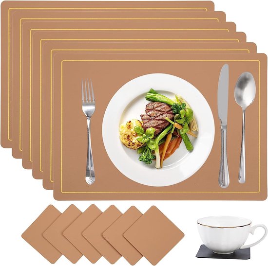 Placemats, 6 stuks, PUleer, afwasbaar, placemat en onderzetter, zwart